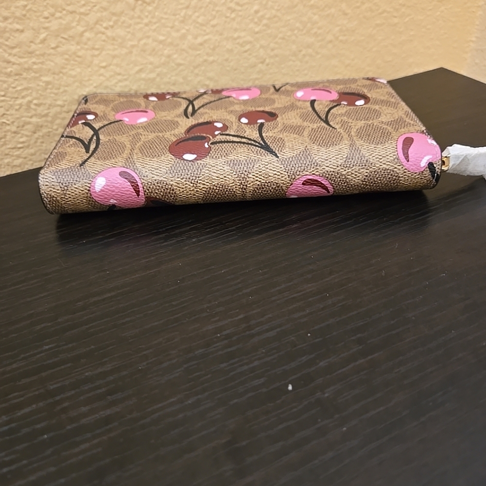 Coach Long Zip Around Wallet In Signature Canvas With Cherry Print - Picture 10 of 13